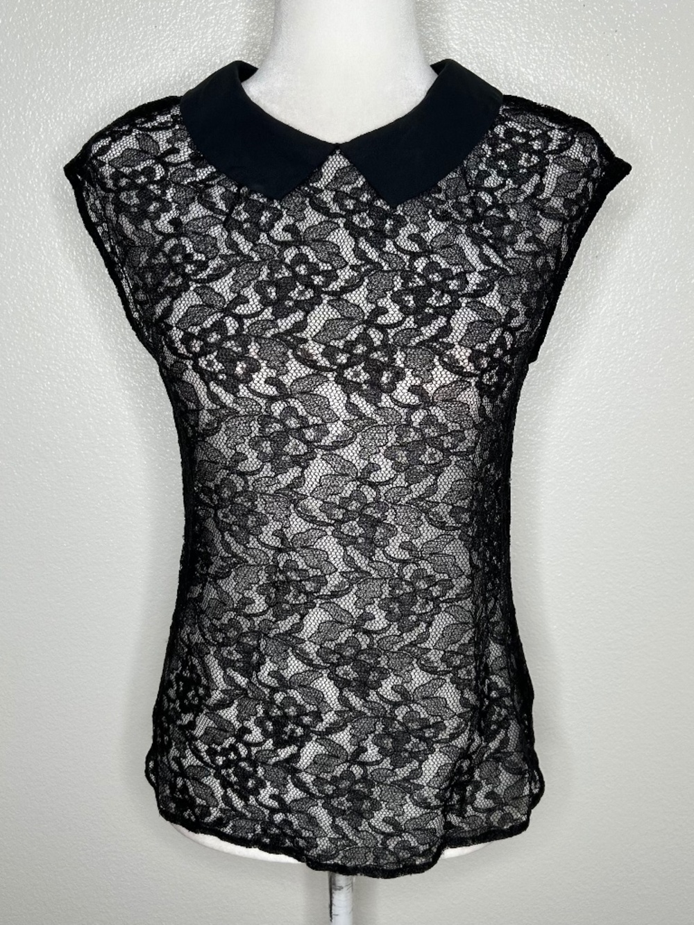 Express Womens Black Lace Peterpan Collar Sheer Top Cap Sleeve Size S